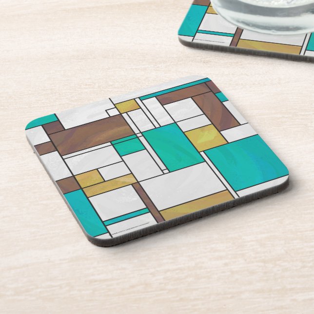 Mondrian Brown Yellow Teal Print Coaster (Left Side)