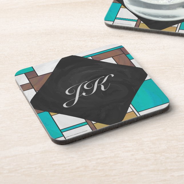 Mondrian Brown Yellow Teal Print Coaster (Left Side)