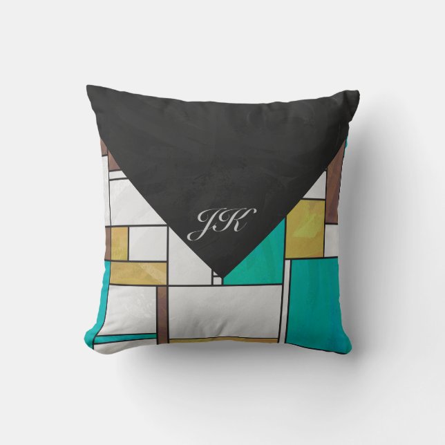 Mondrian Brown Yellow Teal Print Cushion (Front)