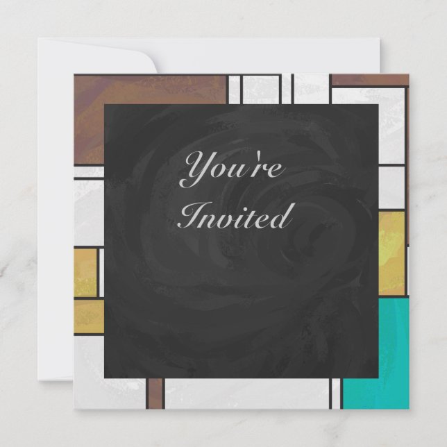 Mondrian Brown Yellow Teal Print Invitation (Front)