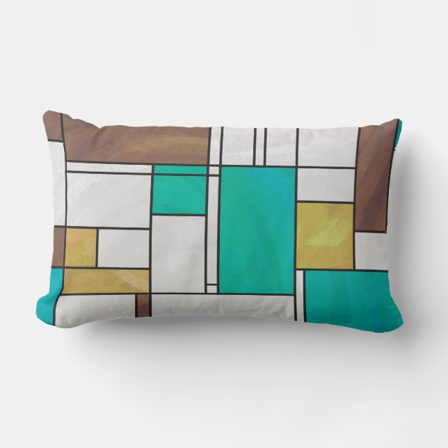 Mondrian Brown Yellow Teal Print Lumbar Cushion (Front)