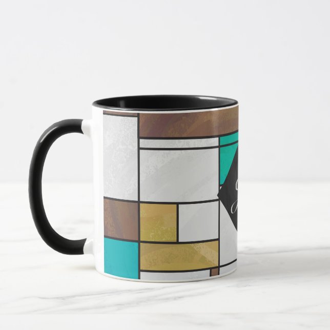 Mondrian Brown Yellow Teal Print Mug (Left)