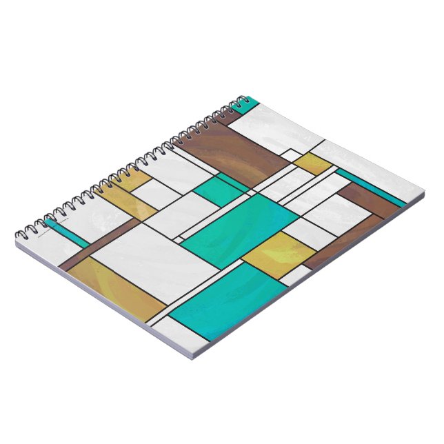 Mondrian Brown Yellow Teal Print Spiral Notebook (Left Side)