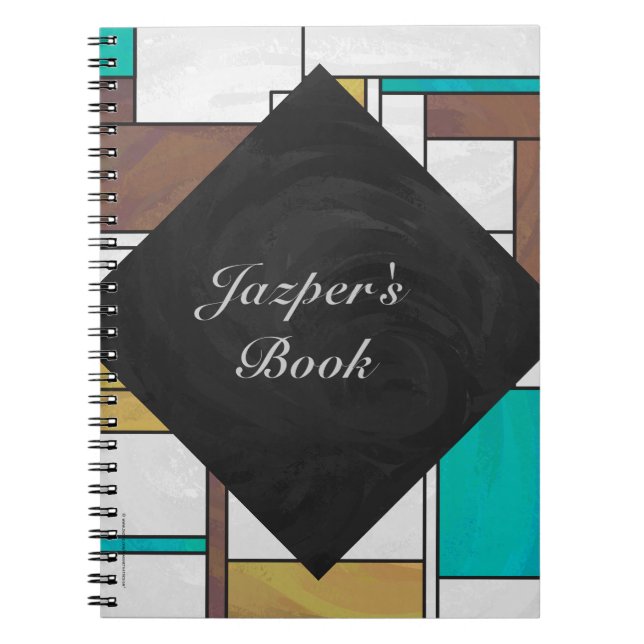 Mondrian Brown Yellow Teal Print Spiral Notebook (Front)