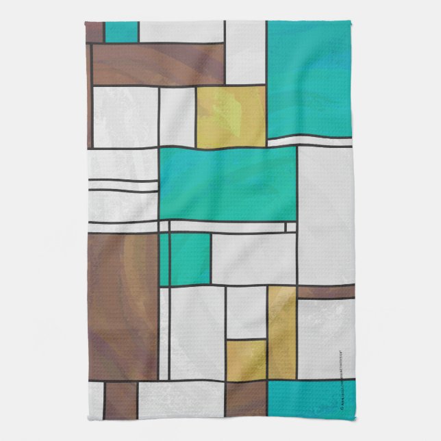 Mondrian Brown Yellow Teal Print Tea Towel (Vertical)