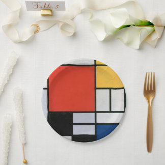 Mondrian Composition Red Yellow Blue Black Paper Plate