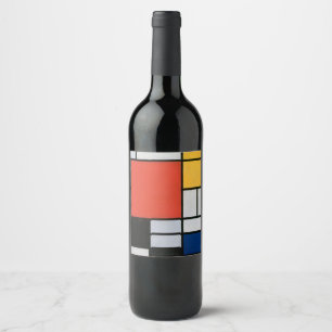 Mondrian Composition Red Yellow Blue Black Wine Label