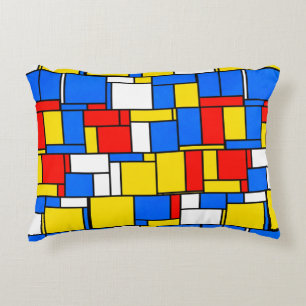 Mondrian Inspired Style Red Blue Yellow Pattern Decorative Cushion