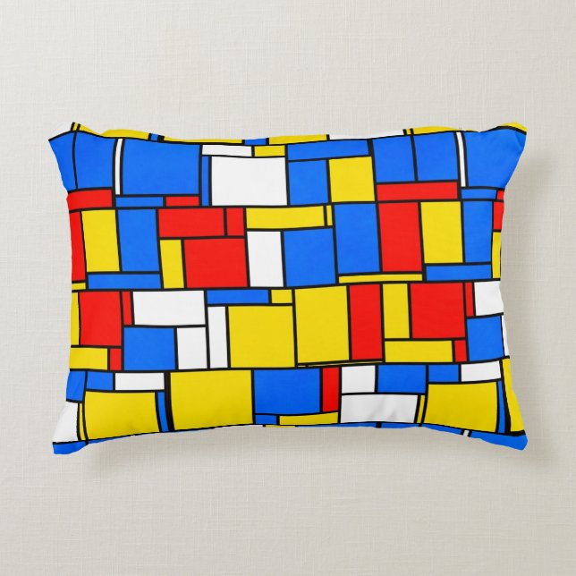 Mondrian Inspired Style Red Blue Yellow Pattern Decorative Cushion (Front)