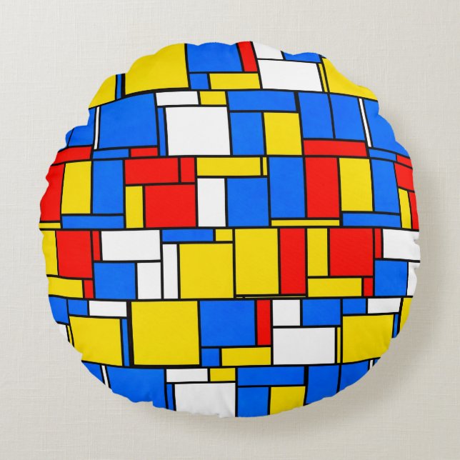 Mondrian Inspired Style Red Blue Yellow Pattern Round Cushion (Front)