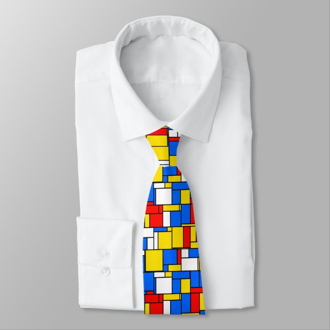 Mondrian Inspired Style Red Blue Yellow Pattern Tie (Tied)