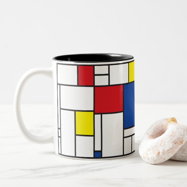 Mondrian Minimalist Geometric De Stijl Modern Art Two-Tone Coffee Mug (With Donut)