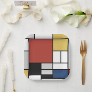 Mondrian Painting Red Plane Yellow Black Grey Blue Paper Plate