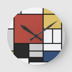 Mondrian Painting Red Plane Yellow Black Grey Blue Round Clock