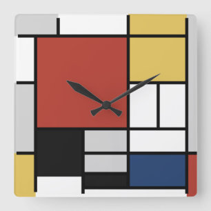 Mondrian Painting Red Plane Yellow Black Grey Blue Square Wall Clock