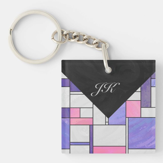 Mondrian Pink Purple White Print Key Ring (Front)