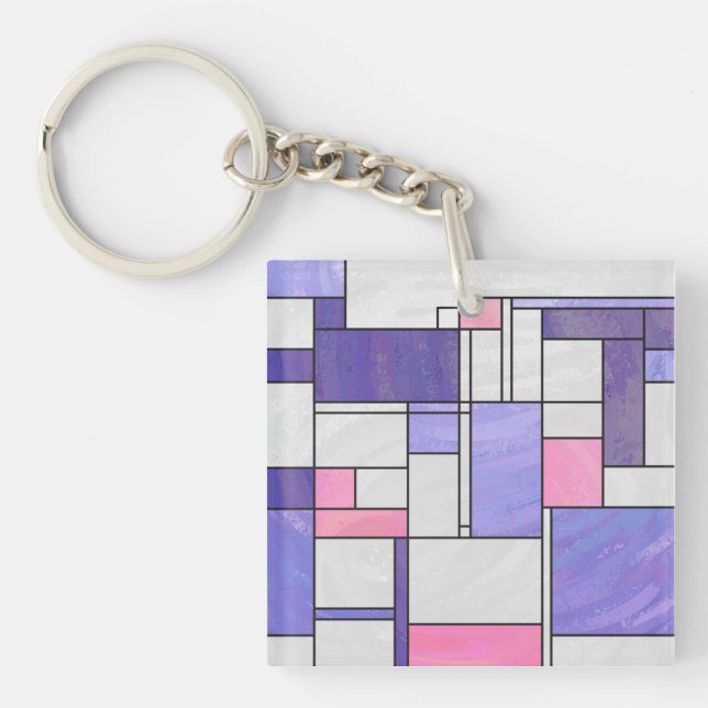 Mondrian Pink Purple White Print Key Ring (Front)
