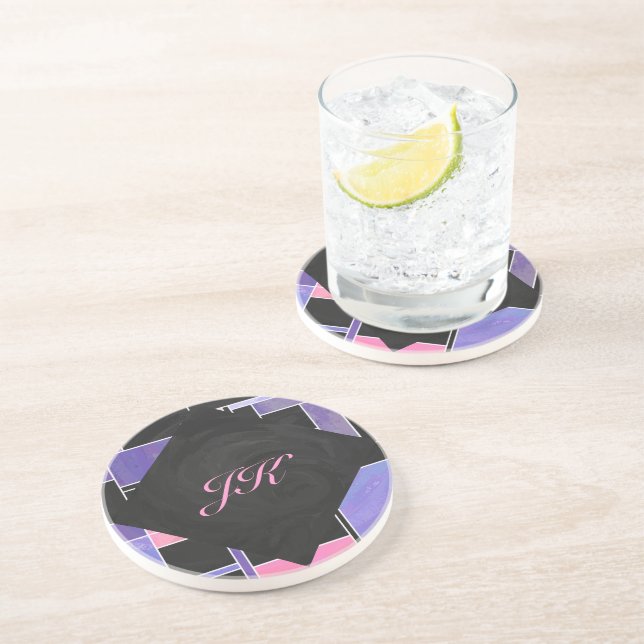 Mondrian Purple Pink Black Print Coaster (Side)