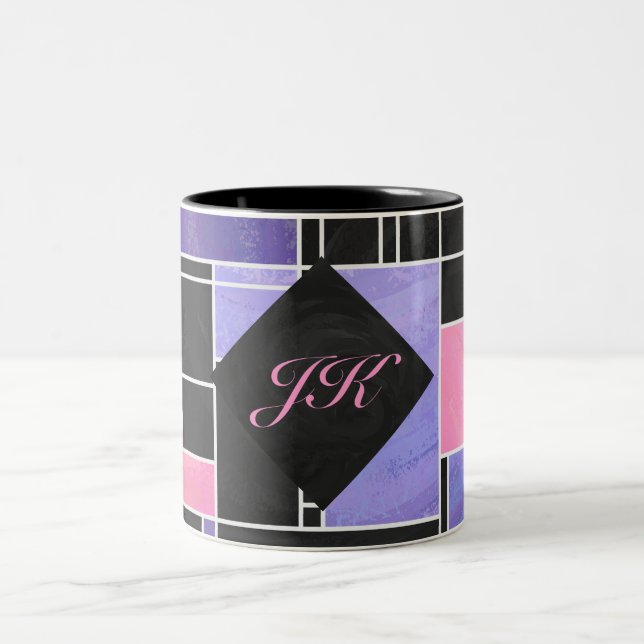 Mondrian Purple Pink Black Print Two-Tone Coffee Mug (Center)