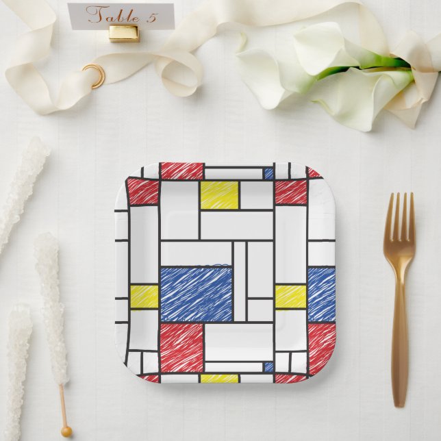 Mondrian Scribbles Minimalist De Stijl Modern Art Paper Plate (Wedding)