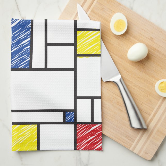 Mondrian Scribbles Minimalist De Stijl Modern Art Tea Towel (Quarter Fold)