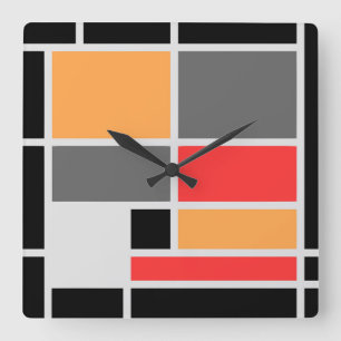 Mondrian style design orange red black grey square wall clock