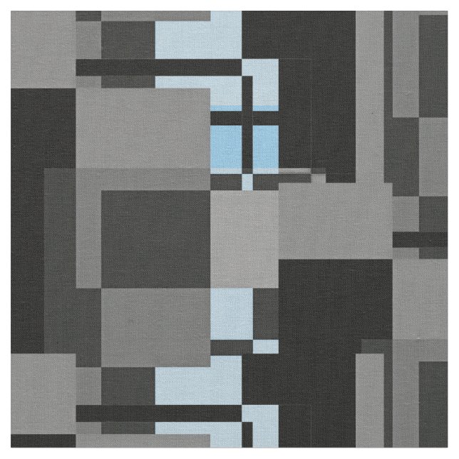 Mondrian Style Grey Blue Abstract Modern Geometric Fabric (Close Up)
