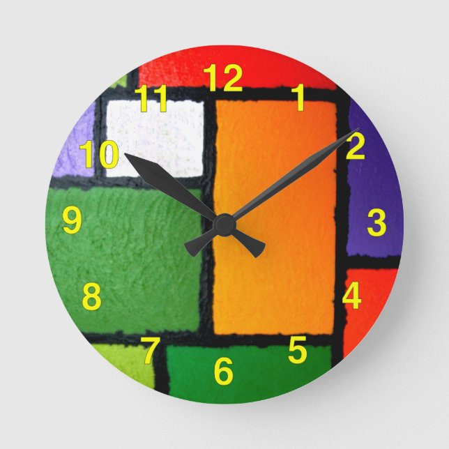 Mondrian Style Orange Green Blue Fuzzy Abstract Round Clock (Front)