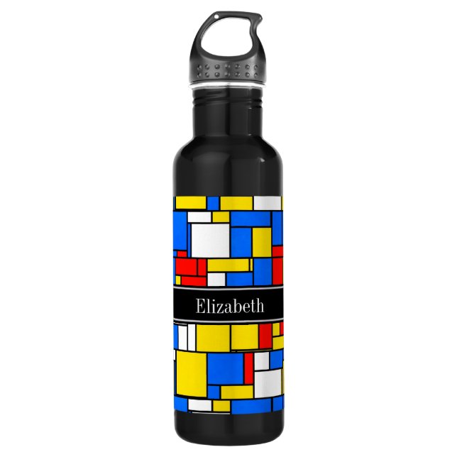 Mondrian Style Red Blue Yellow Black Name Monogram 710 Ml Water Bottle (Front)