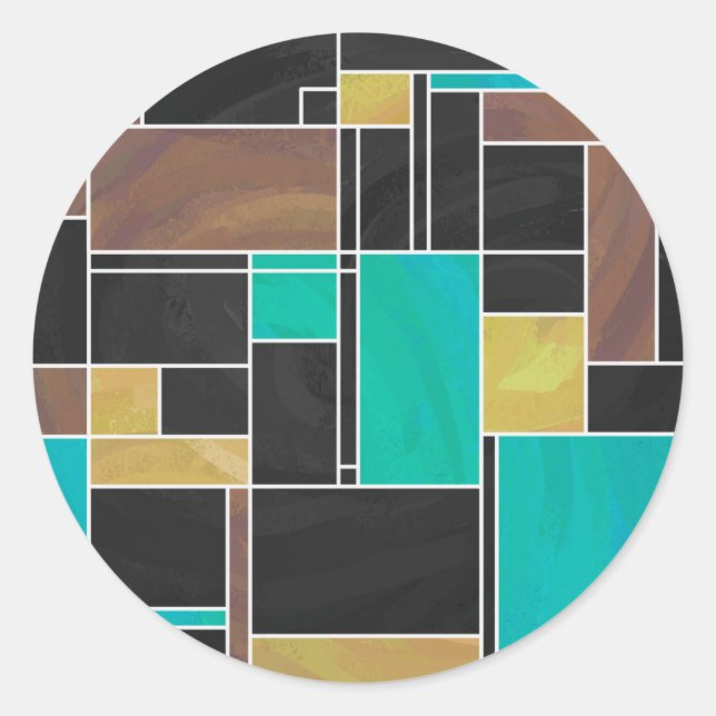 Mondrian Teal Brown Black Print Classic Round Sticker (Front)