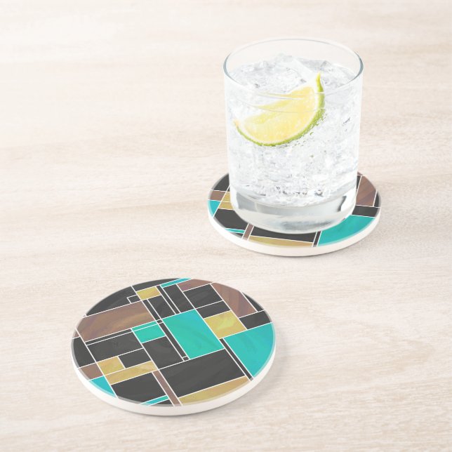 Mondrian Teal Brown Black Print Coaster (Side)