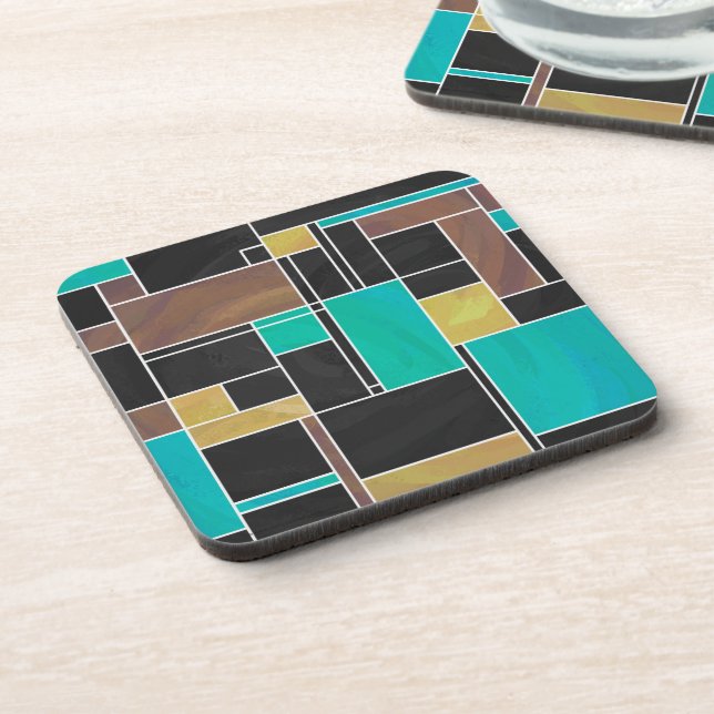 Mondrian Teal Brown Black Print Coaster (Left Side)