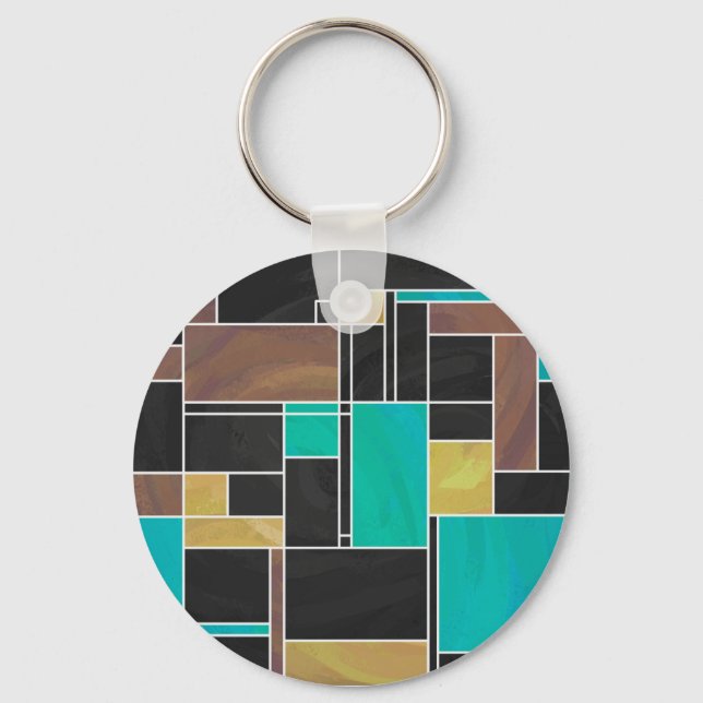 Mondrian Teal Brown Black Print Key Ring (Front)