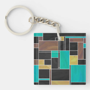 Mondrian Teal Brown Black Print Key Ring