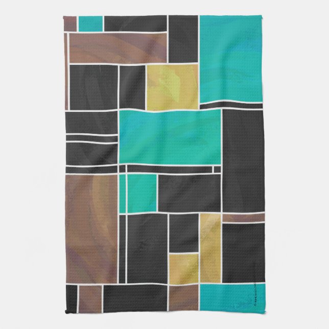Mondrian Teal Brown Black Print Tea Towel (Vertical)