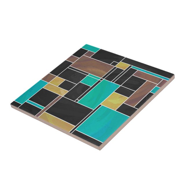 Mondrian Teal Brown Black Print Tile (Side)