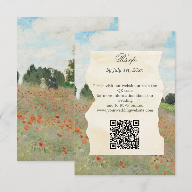 Monet Art Poppies Field Wedding Website QR Code RSVP Card (Front/Back)