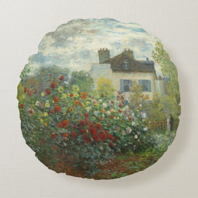 Monet Artists Garden in Argenteuil Painting Round Cushion (Front)