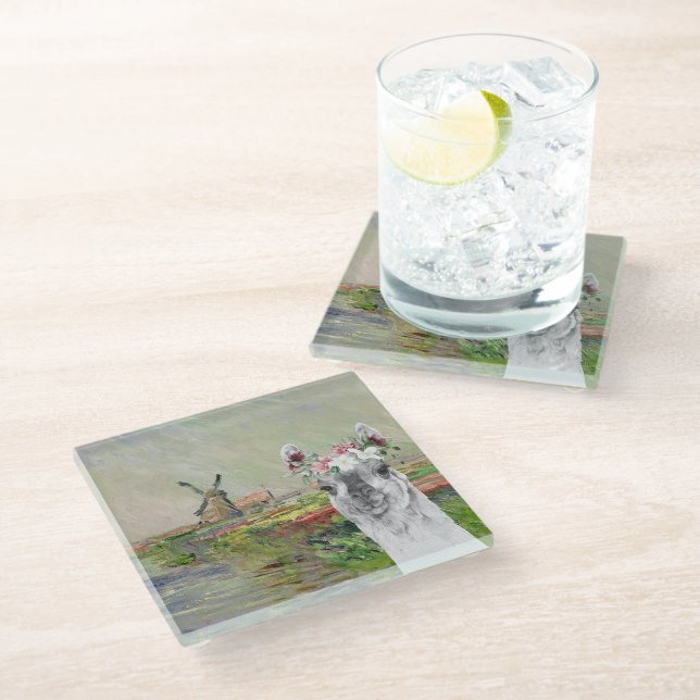 Monet Champ Tulipes and Fancy Llama Glass Coaster (Angled)