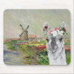 Monet Champ Tulipes and Fancy Llama Mouse Pad<br><div class="desc">Beautiful and artistic compilation features Claude Monet's CHAMP TULIPES EN HOLLANDE as background with portrait of adorable llama with watercolor floral crown overlay.</div>