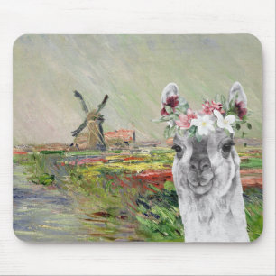 Monet Champ Tulipes and Fancy Llama Mouse Pad