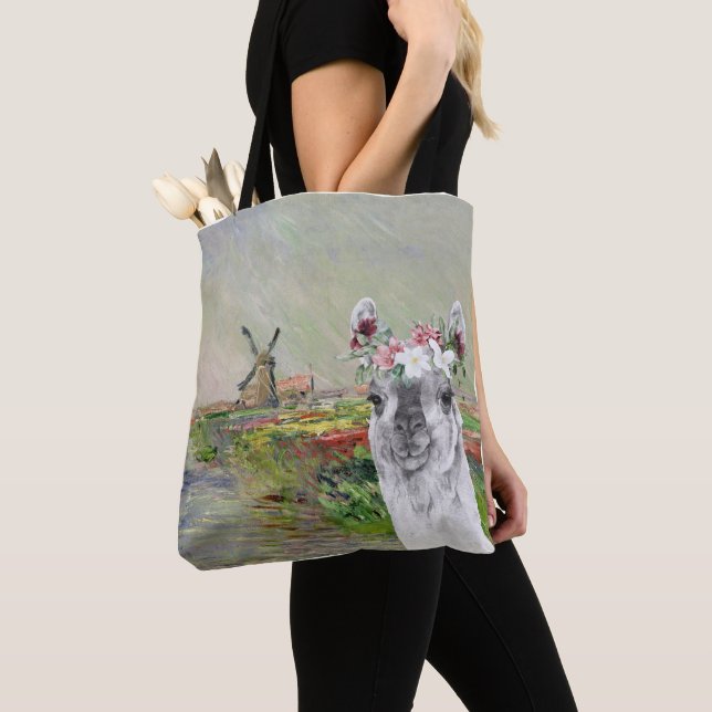 Monet Champ Tulipes and Fancy Llama Tote Bag (Close Up)