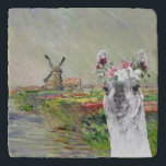 Monet Champ Tulipes and Fancy Llama Trivet<br><div class="desc">Beautiful and artistic compilation features Claude Monet's CHAMP TULIPES EN HOLLANDE as background with portrait of adorable llama with watercolor floral crown overlay.</div>