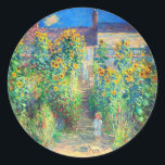 Monet Flower Garden Classic Round Sticker<br><div class="desc">Stickers featuring Claude Monet’s oil painting The Artist's Garden at Vétheuil (1880). Sunflowers and other beautiful blue and red flowers line a garden path where children are taking a pleasant stroll. A great gift for fans of impressionism and French art.</div>