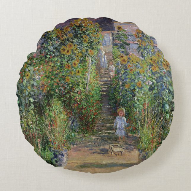 Monet Garden Vetheuil Impressionim Painting Round Cushion (Front)