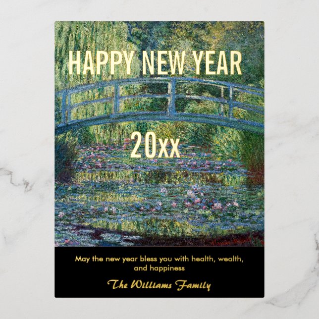 Monet - Happy New Year and Water Lily pond Foil Holiday Postcard (Front)