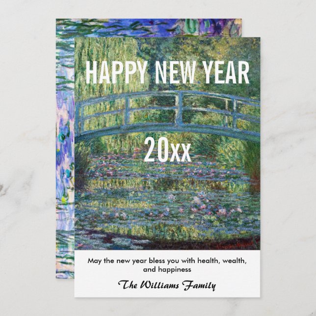 Monet - Happy New Year and Water Lily pond Holiday Card (Front/Back)