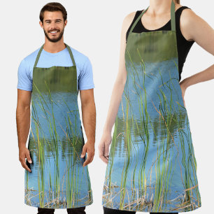 Monet inspired Cattails Reeds on Lake Blue Apron