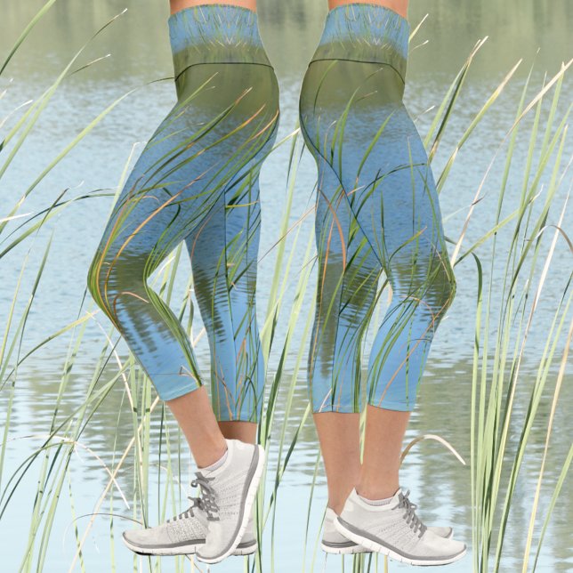 Monet inspired Lake Cattails Blue and Green Capri Leggings (Creator Uploaded)