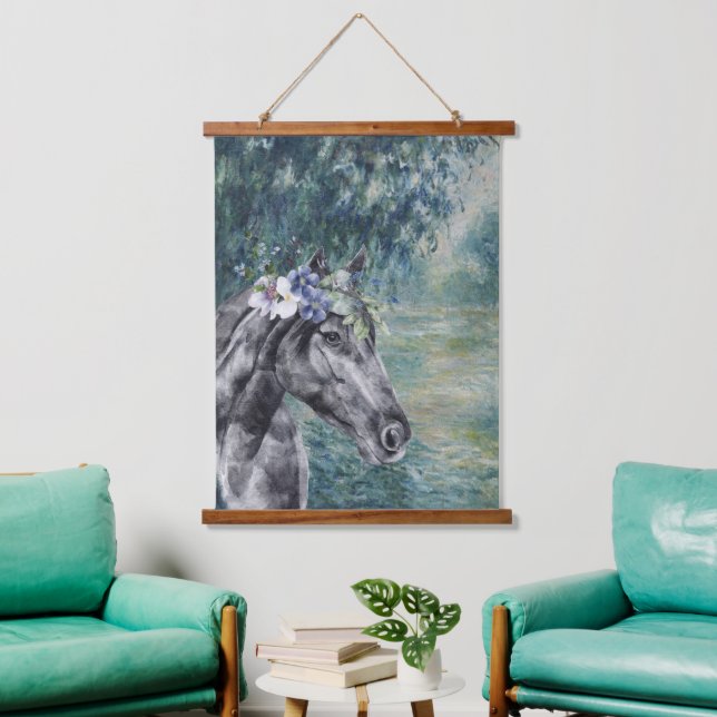 Monet Morning Seine and Black Horse Compilation  Hanging Tapestry (Living Room)